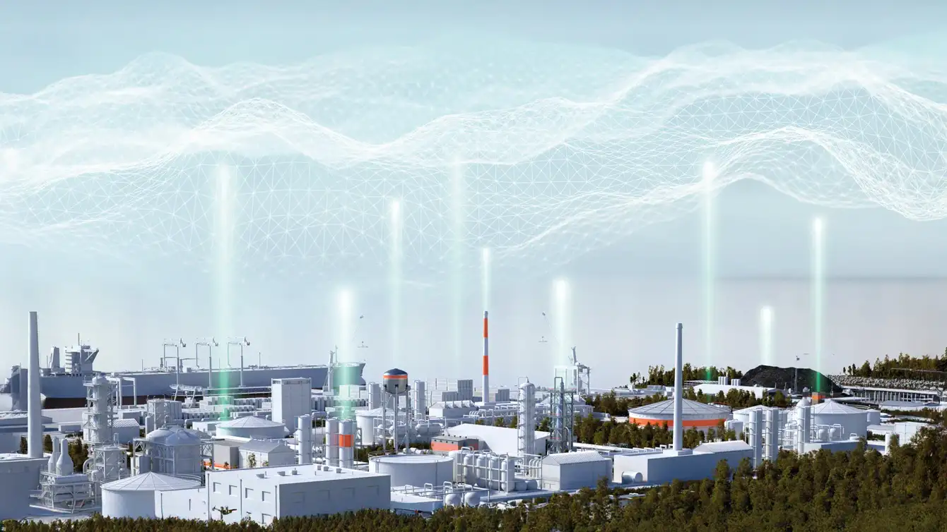 A digital rendering of data transmitting from a process plant to the cloud A digital rendering of data transmitting from a process plant to the cloud