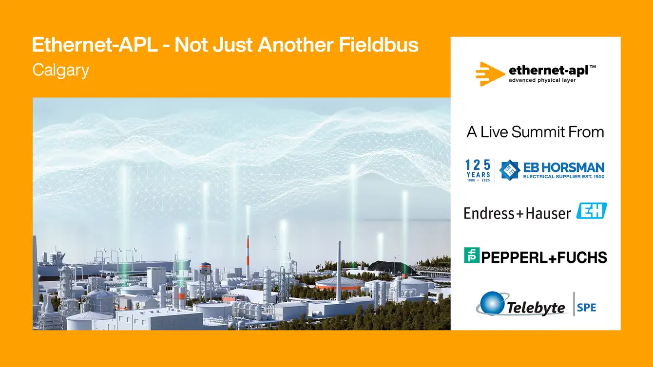 A digital rendering of data transmitting from a process plant to the cloud with the event sponsor logos and event info. A digital rendering of data transmitting from a process plant to the cloud with the event sponsor logos and event info.