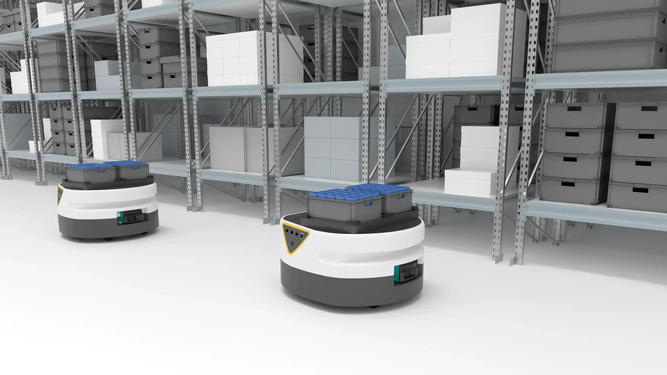 Bots transporting goods in a logistic center Bots transporting goods in a logistic center