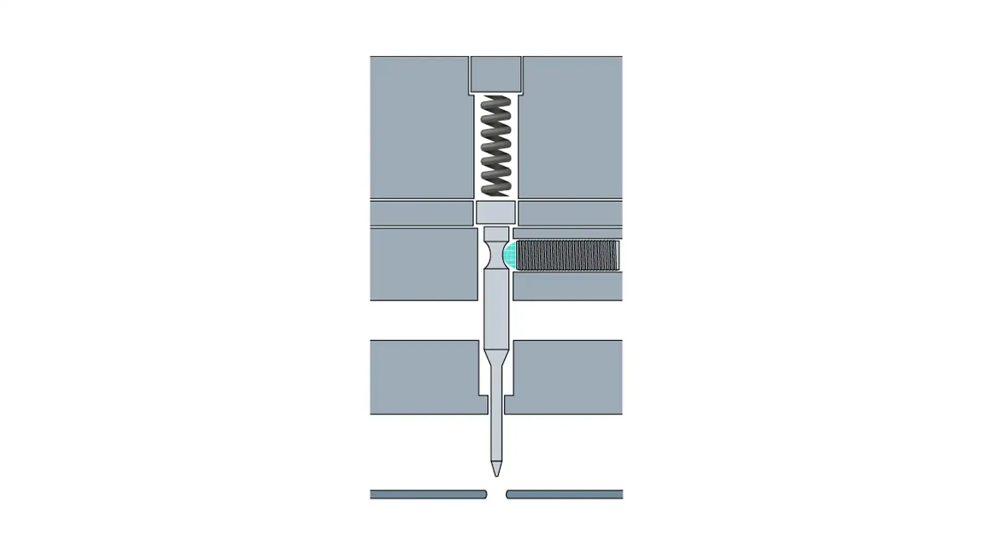 Figure shows monitoring of spring-loaded, notched pilot pins located in the upper die Figure shows monitoring of spring-loaded, notched pilot pins located in the upper die