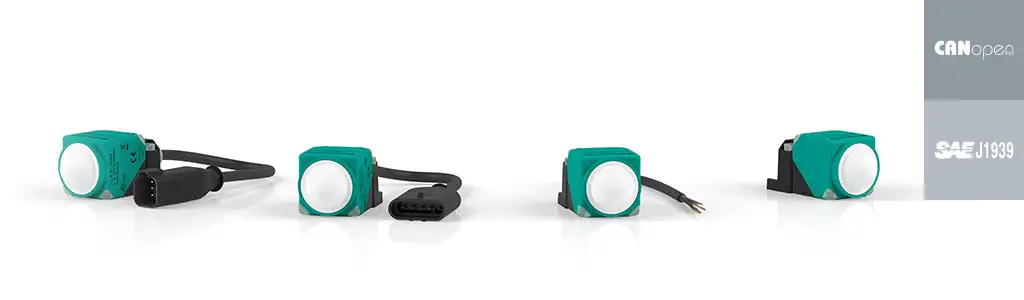 Different versions of radar sensors with the logos of CANopen and SAE J1939 next to them