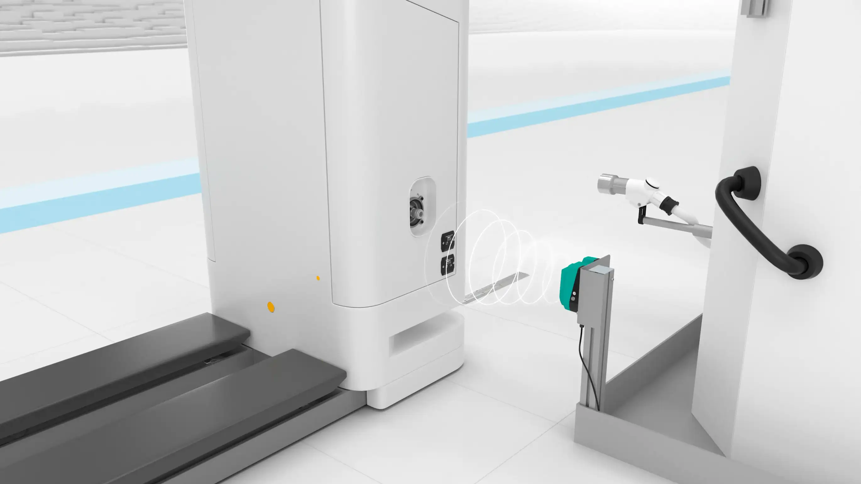 An hydrogen-powered automated guided vehicle on a refueling station An hydrogen-powered automated guided vehicle on a refueling station