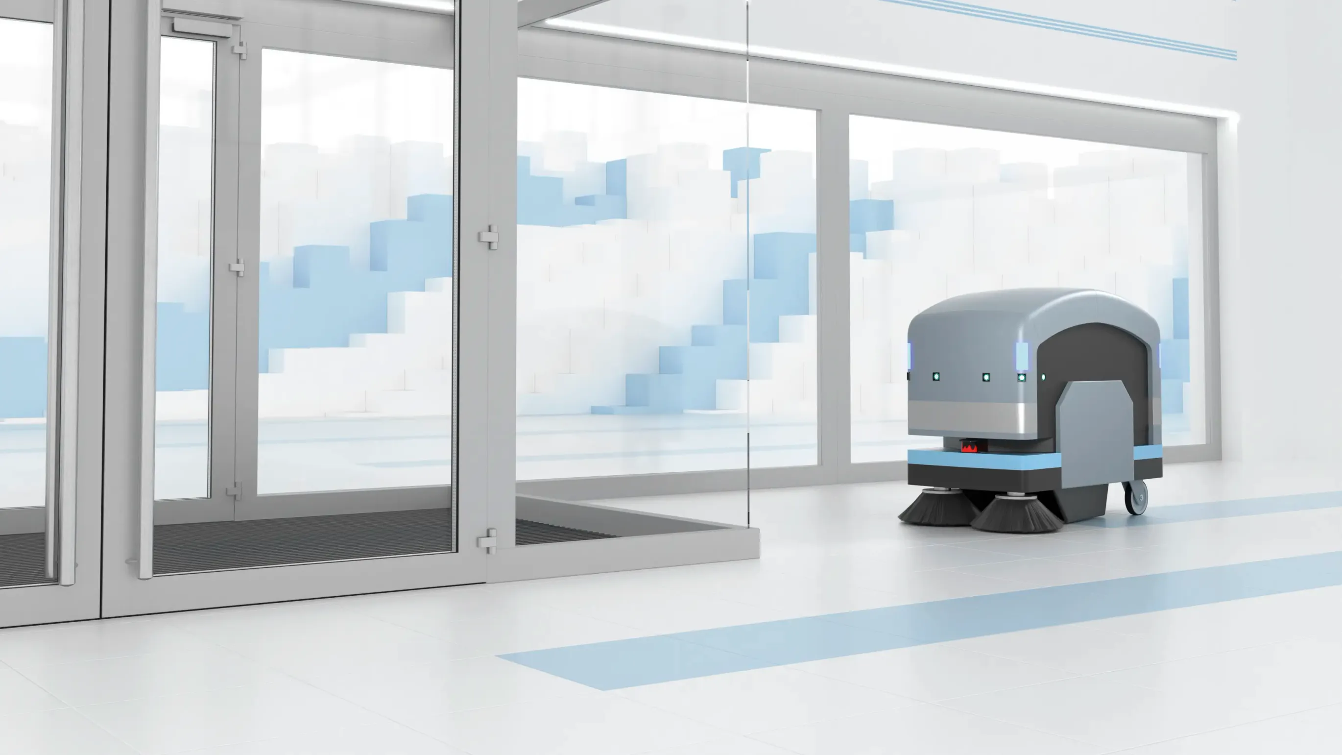 A self-driving cleaning robot in a building A self-driving cleaning robot in a building