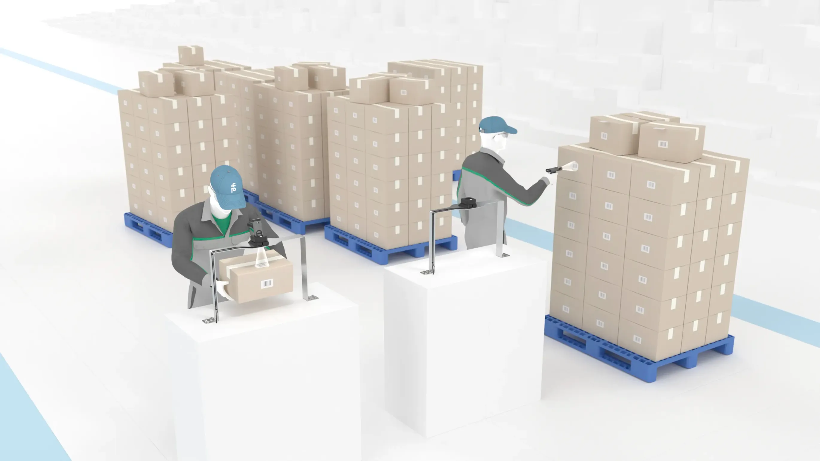 two workers with OHV210 handheld readers scanning parcels on pallet and at the charging station two workers with OHV210 handheld readers scanning parcels on pallet and at the charging station