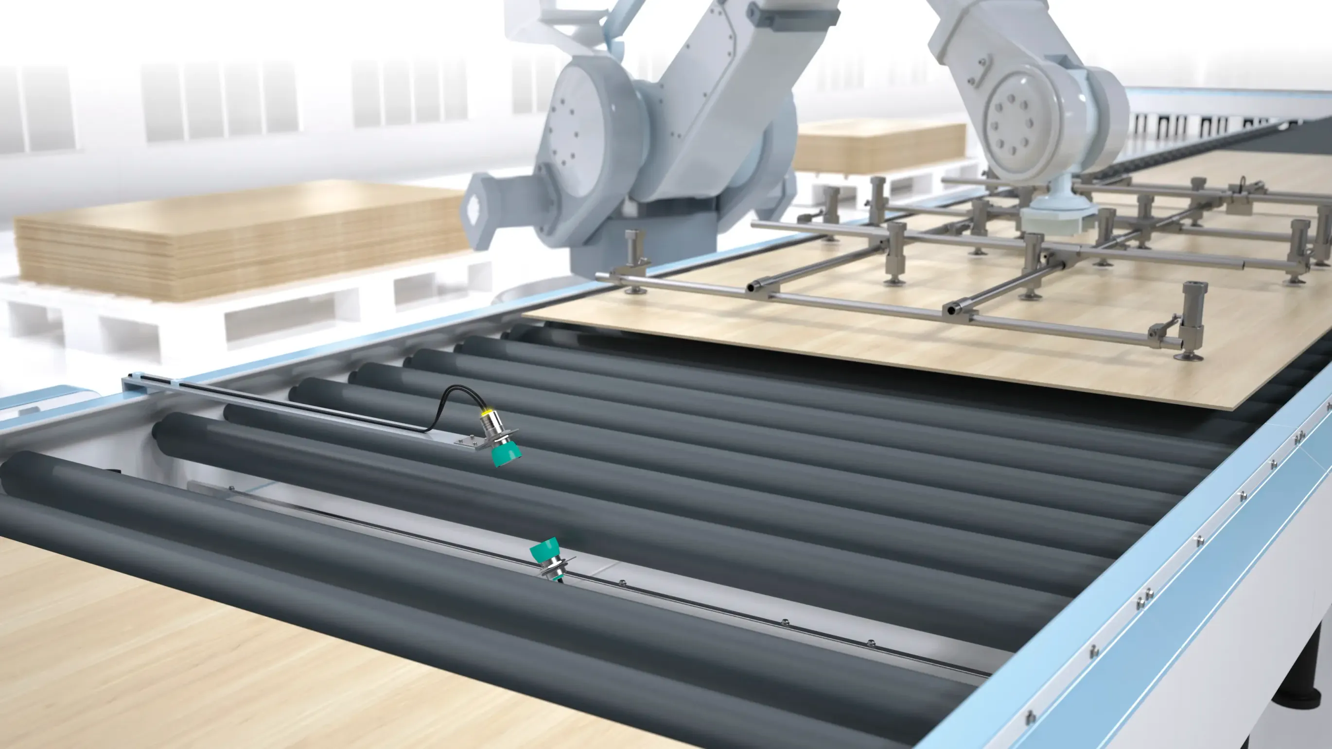 Ultrasonic double sheet sensors detect layers at the material feed Ultrasonic double sheet sensors detect layers at the material feed