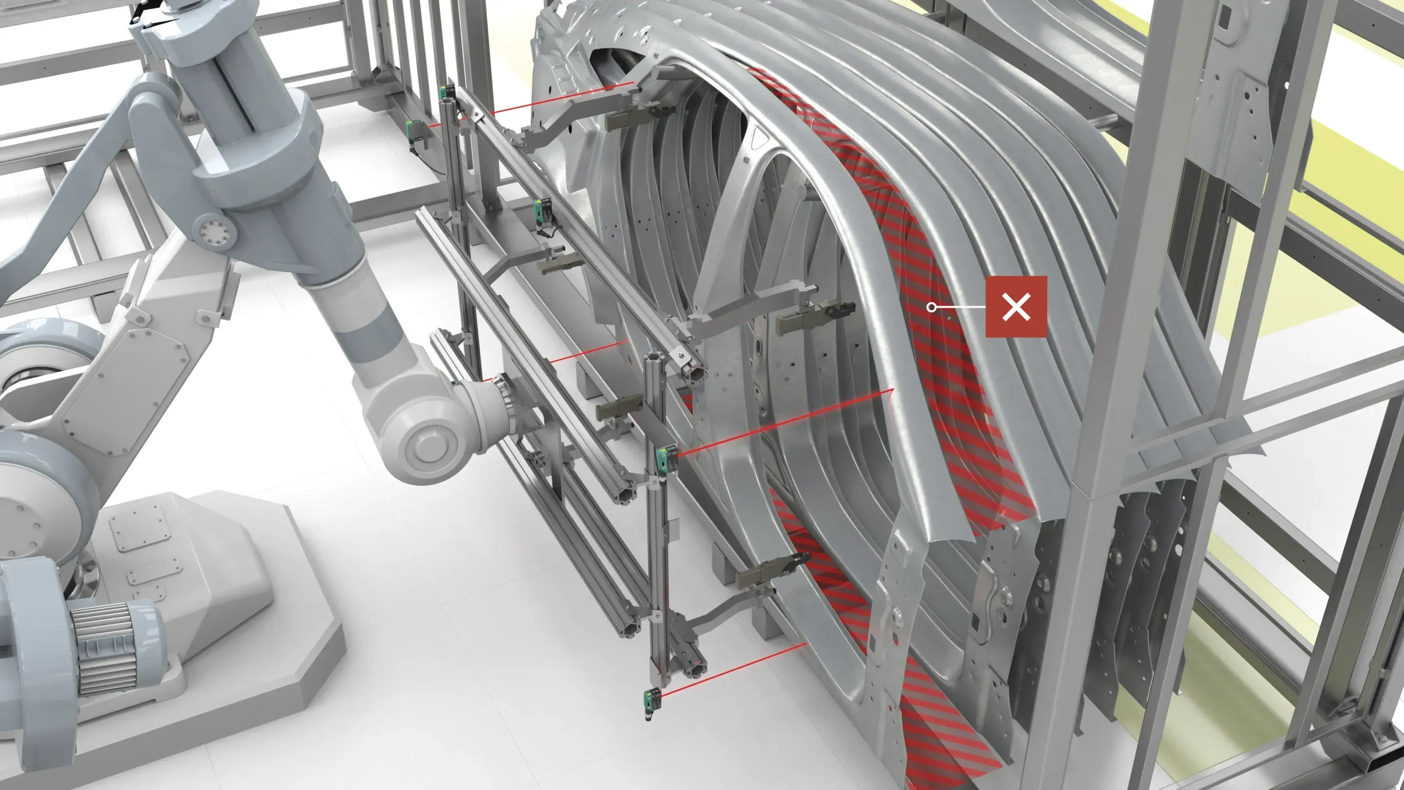 As the gripper element approaches the load carrier, the sensors measure the distance to the side panel at various points As the gripper element approaches the load carrier, the sensors measure the distance to the side panel at various points