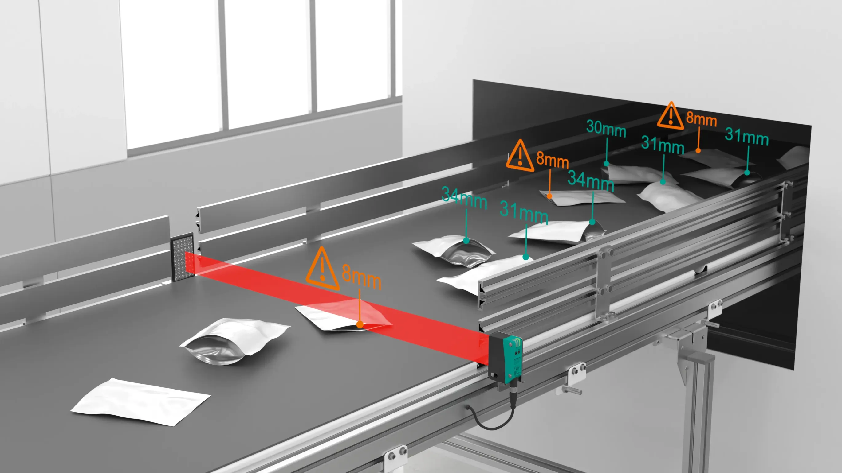 R305 retroreflective area sensor measures object hights in polybag application R305 retroreflective area sensor measures object hights in polybag application