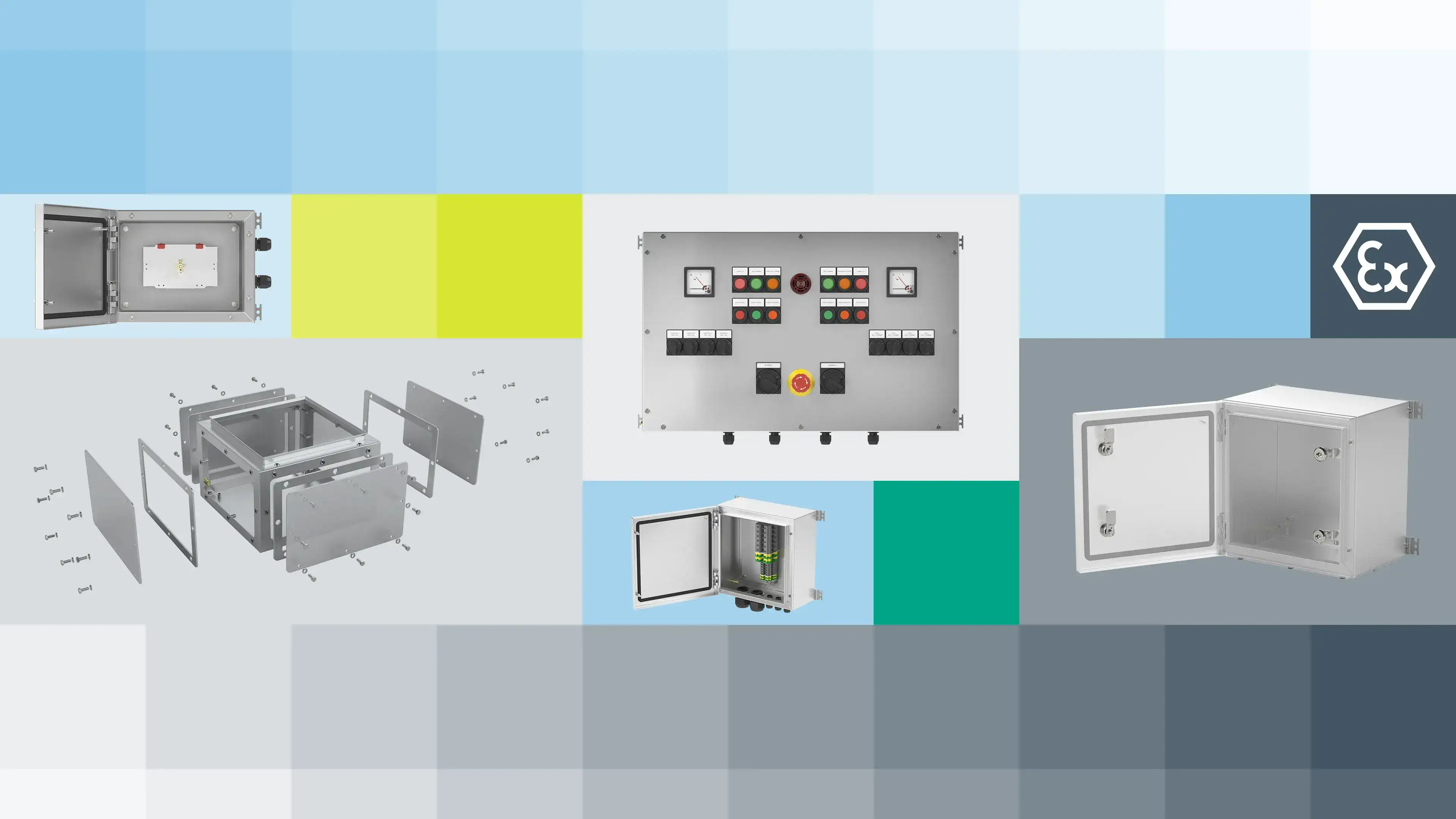 Key visual showing various features and applications for SR series enclosures