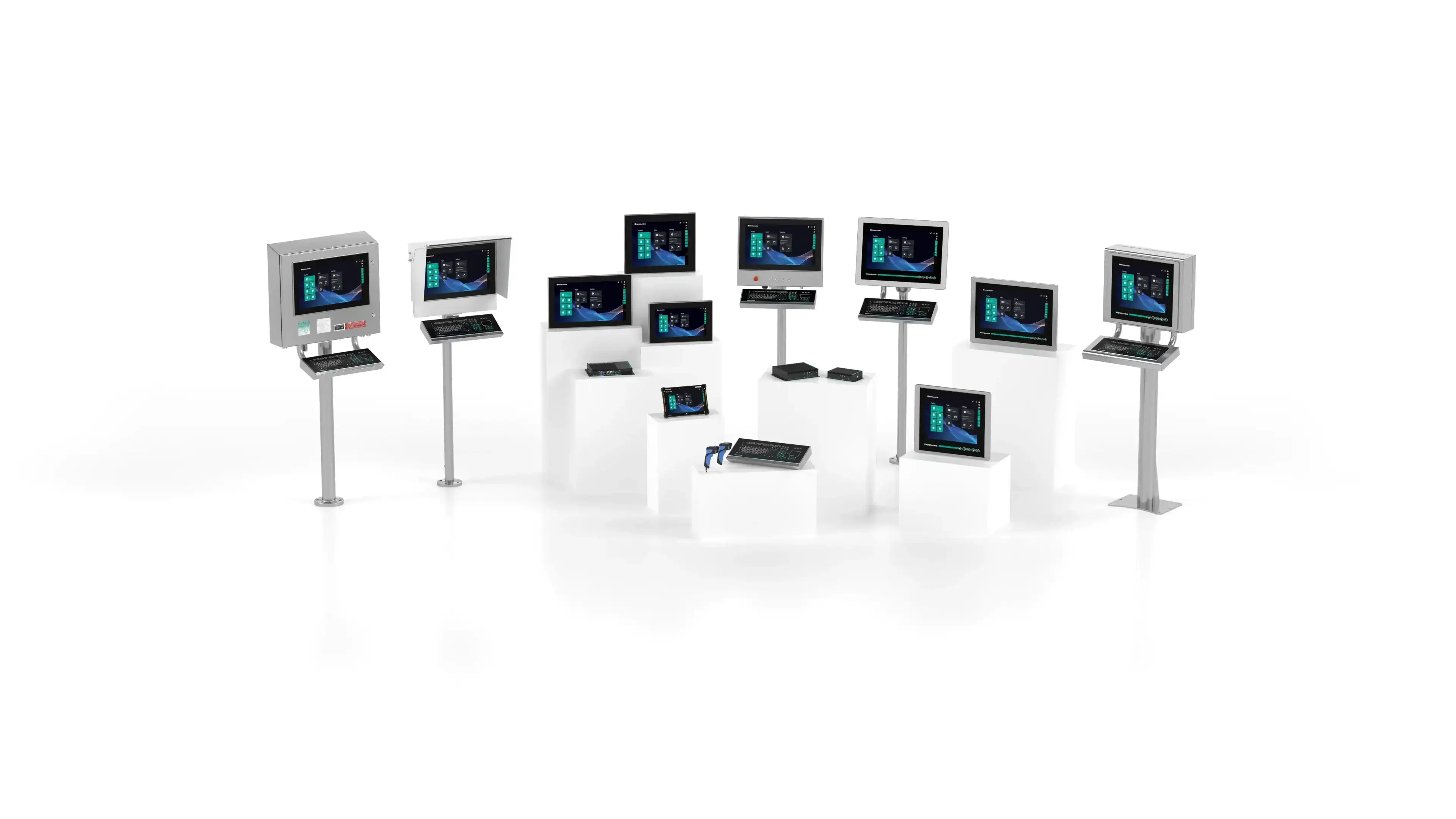 various HMI systems including several industrial monitors and PCs, peripherals and industrial box thin clients.