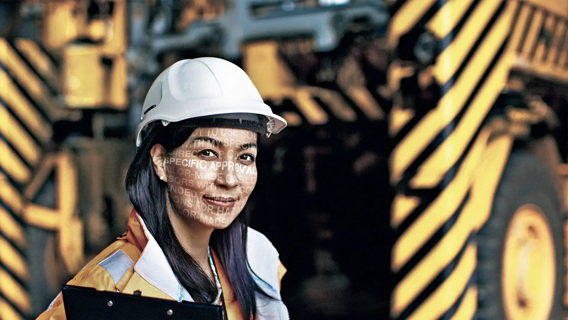a woman in a production facility with text in her face showing her thoughts